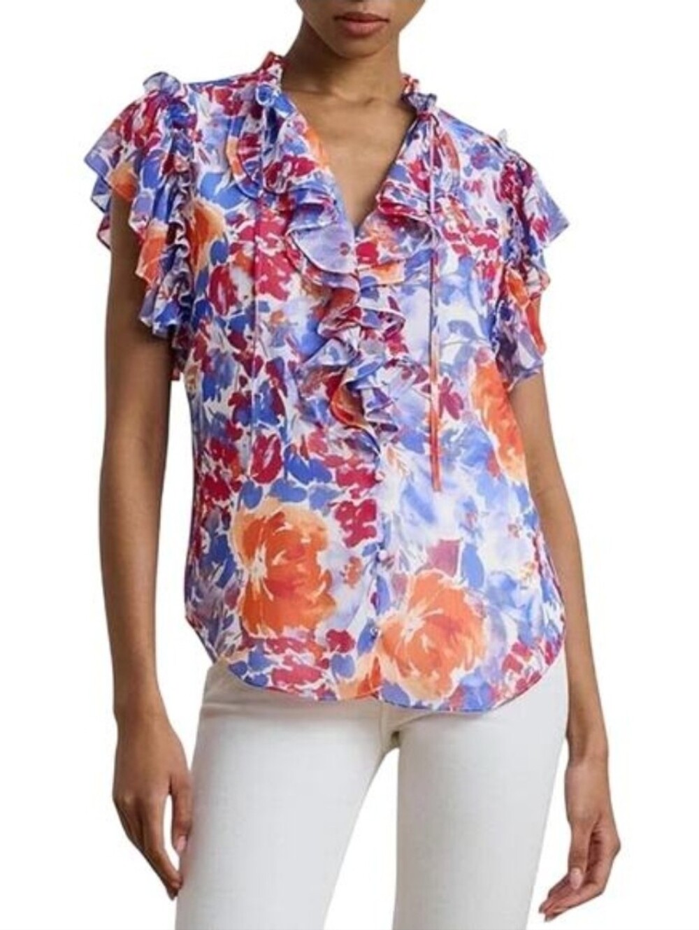 Lauren Ralph Lauren Womens Floral Ruffle Trim Georgette Blouse - Picture 1 of 7